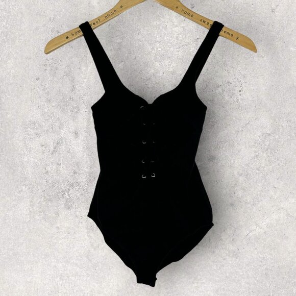 Lulus Black‎ Lace Up Bodysuit Size XS City of Angels Square Neck Plunge Snaps - Picture 4 of 11